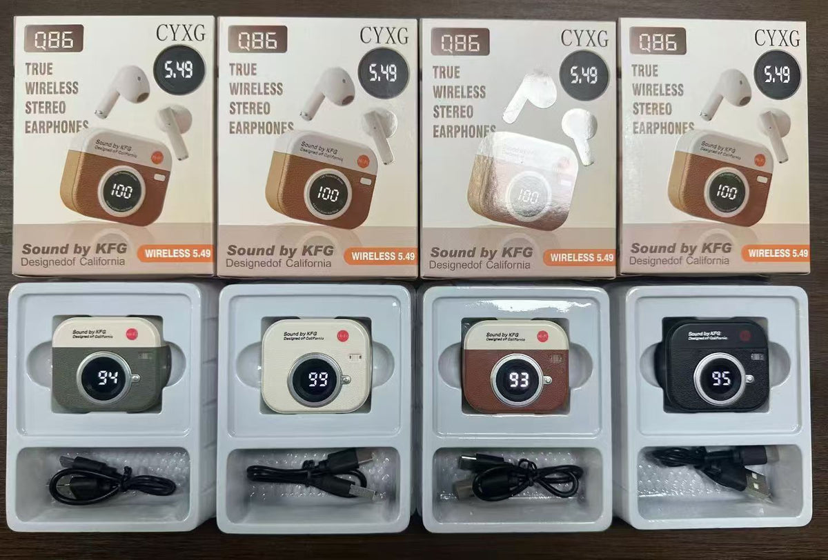 Q86 earbuds charging cases in four colors with packaging and charging cables
