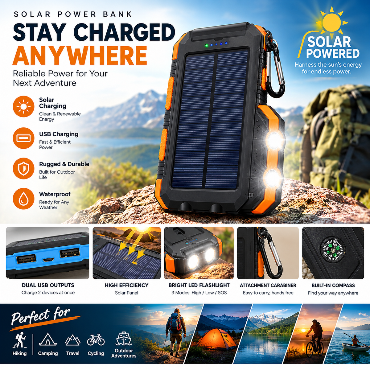 Tec Vault™ 20000mAh Waterproof Solar Power Bank | Dual USB Portable Charger & LED Flashlight