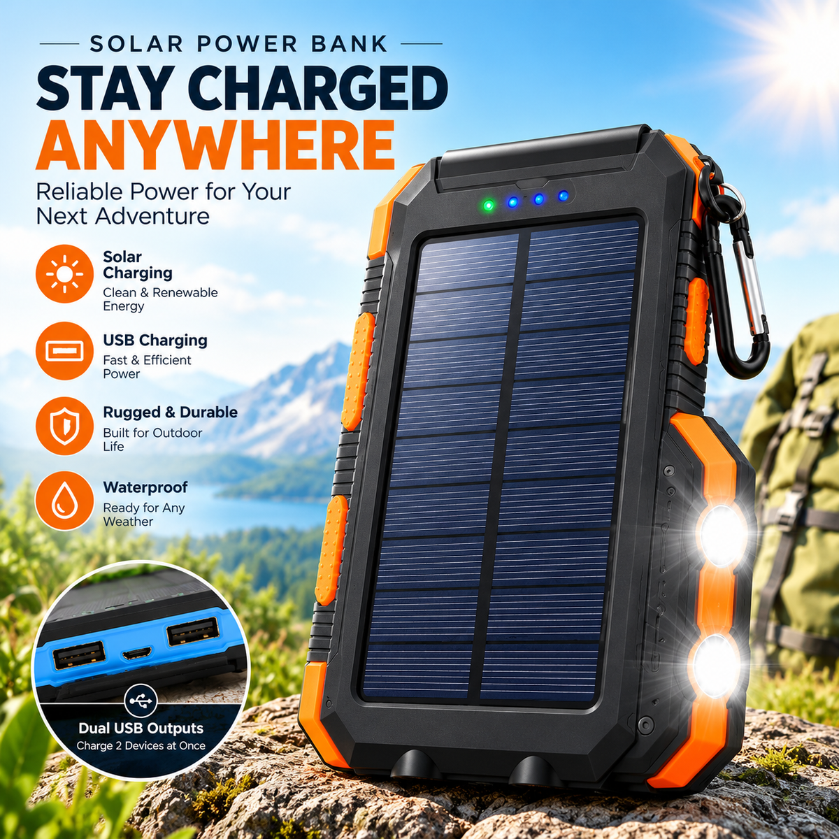 Tec Vault™ 20000mAh Waterproof Solar Power Bank | Dual USB Portable Charger & LED Flashlight