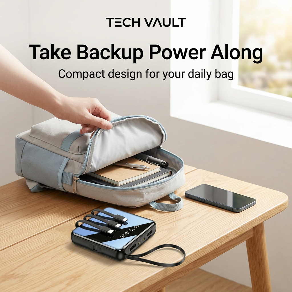 AI-created Tech Vault mini power bank commuting scene highlighting portable backup power for a daily bag
