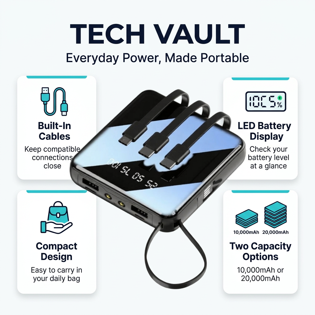 Tech Vault everyday power feature graphic highlighting built-in cables, LED battery display, compact design and two capacity options