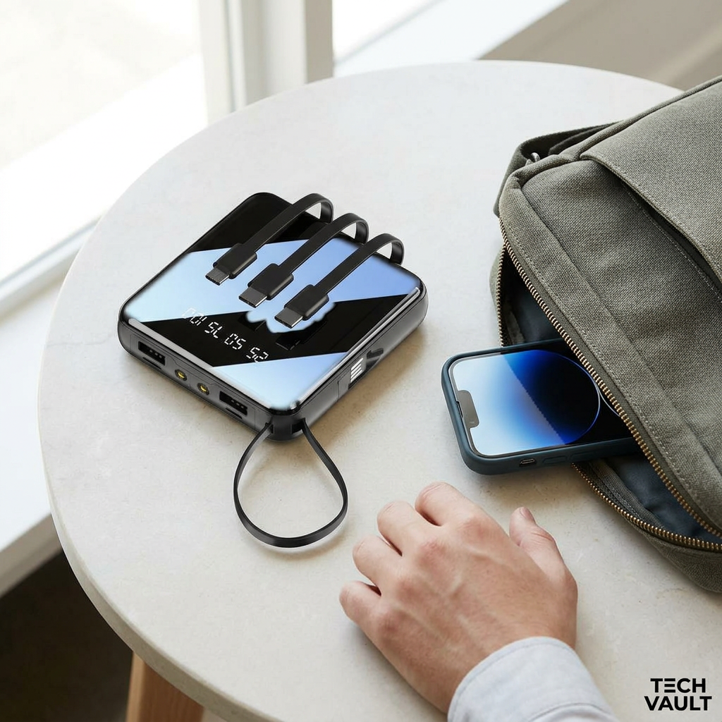 AI-created Tech Vault mini power bank everyday carry scene beside a commuter bag and smartphone