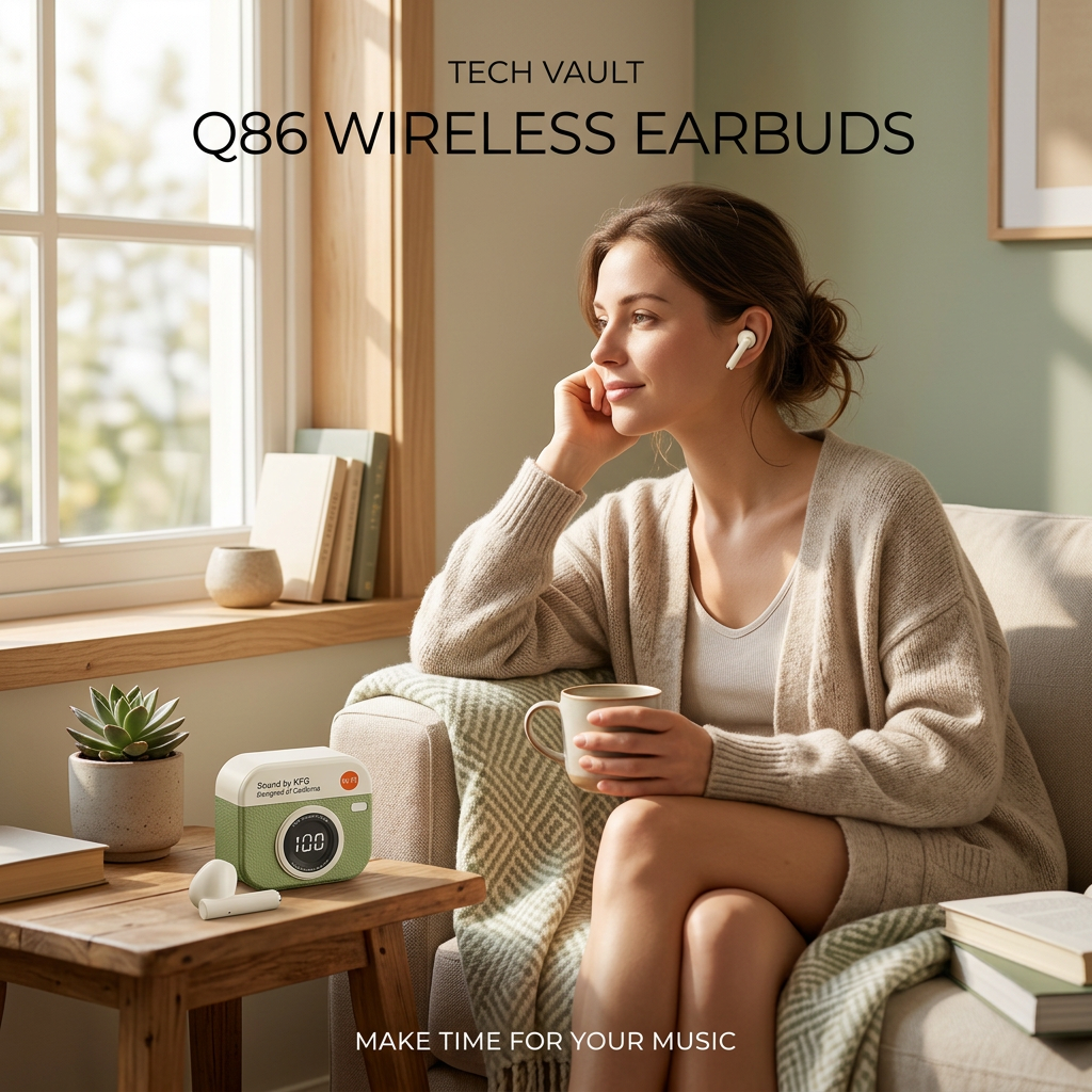 AI-generated lifestyle scene of a woman wearing TECH VAULT Q86 earbuds at home with the green charging case nearby