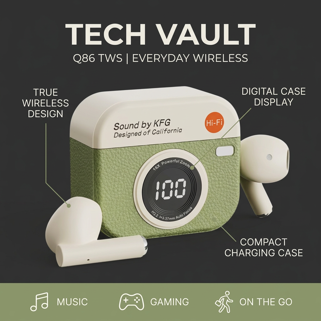 TECH VAULT Q86 earbuds usage and features graphic highlighting wireless design, digital case display and compact charging case