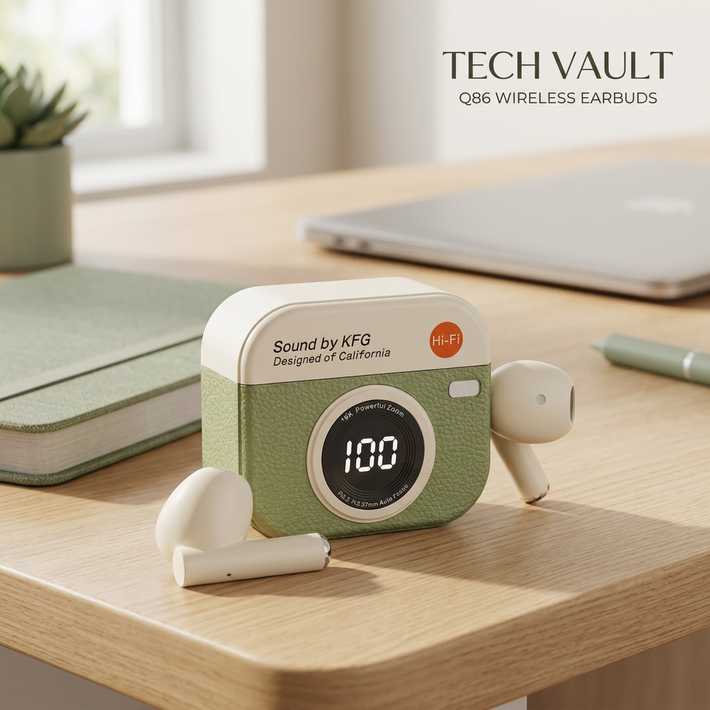 TECH VAULT Q86 wireless earbuds and green charging case in a modern desk lifestyle setting