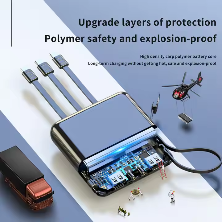 Front and back views of mini power bank showing display and built-in cables