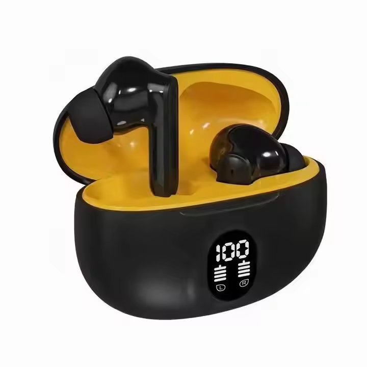 Black wireless earbuds in an open black and yellow charging case with LED battery display