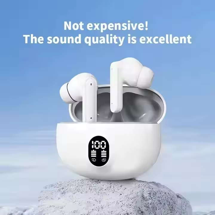 White wireless earbuds in an open charging case with LED battery display