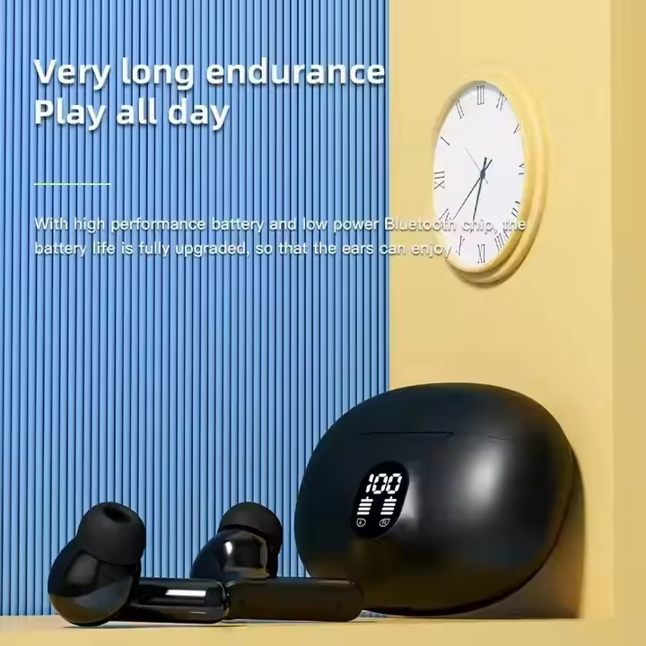 Black wireless earbuds beside their charging case with LED battery indicator