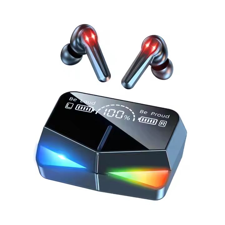 Wireless gaming earbuds with illuminated charging case and LED battery display