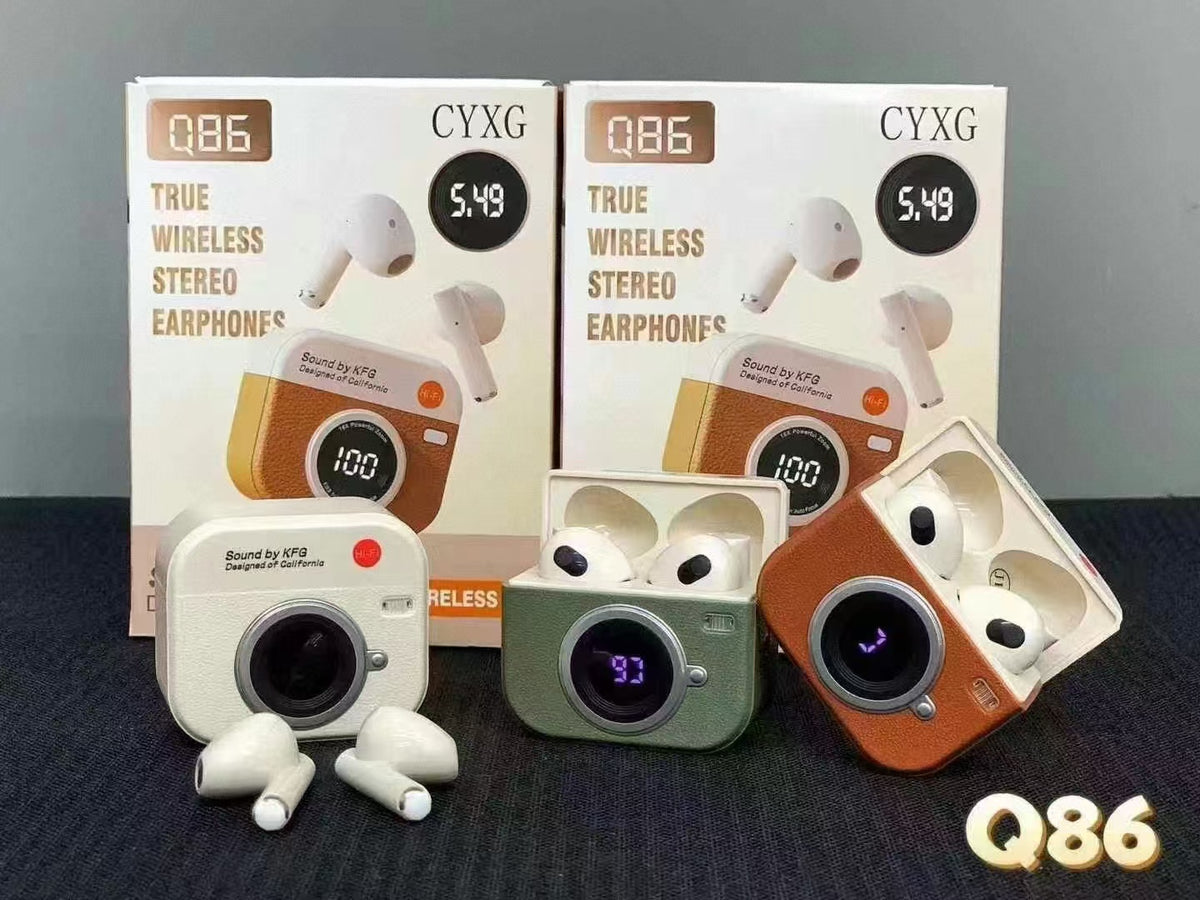 Q86 earbuds with cream, green and orange charging cases and retail packaging