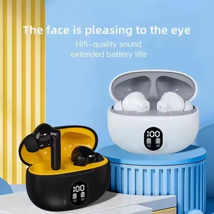 Black and white wireless earbuds with open charging cases and LED battery displays