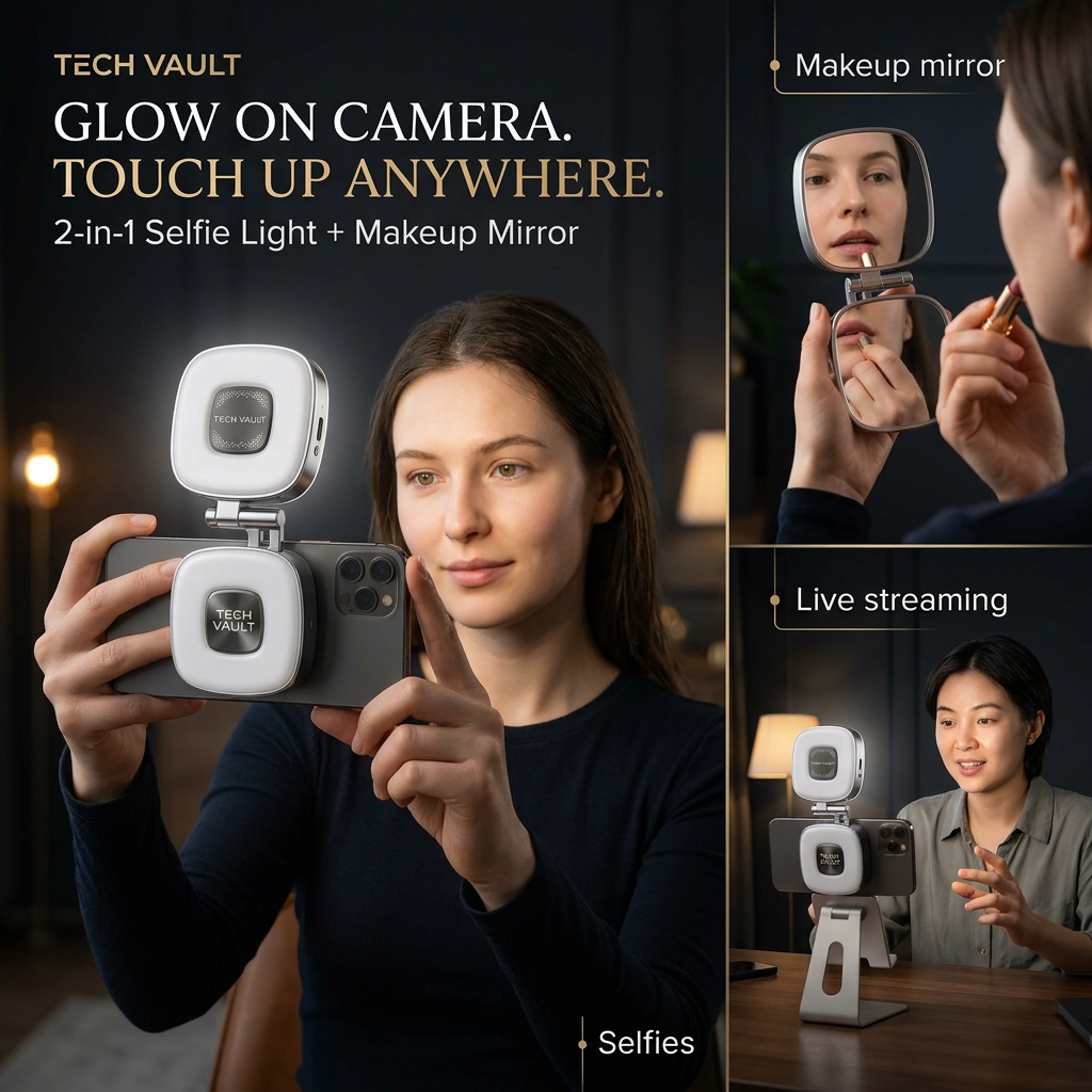 Dark lifestyle product image showing selfie, makeup mirror, and live-streaming use