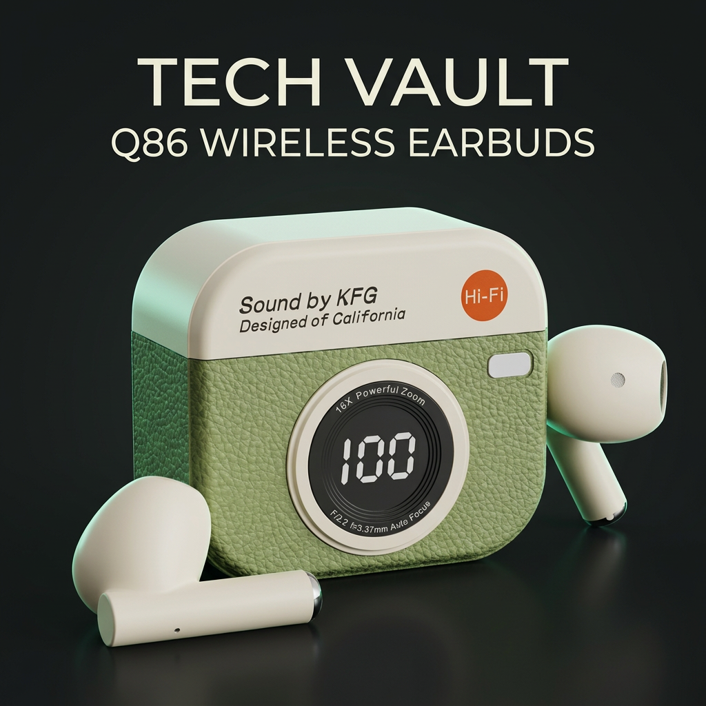 TECH VAULT Q86 wireless earbuds branded promotional image