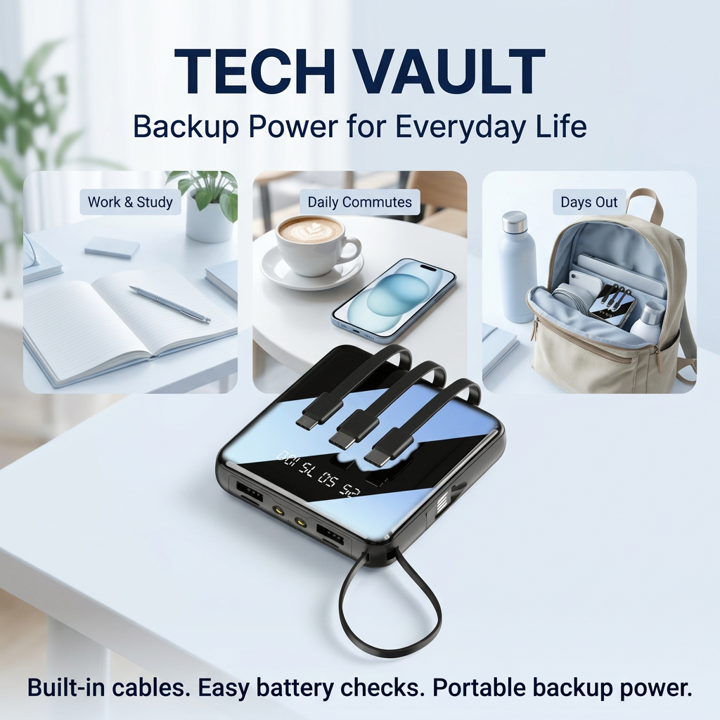 AI-created Tech Vault power bank usage and benefits graphic for work, study, daily commutes and days out