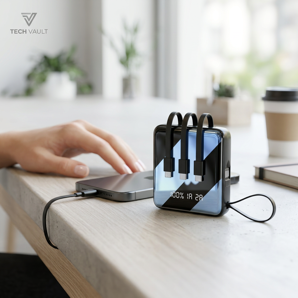 AI-created Tech Vault mini power bank lifestyle scene on a bright cafe desk beside a smartphone
