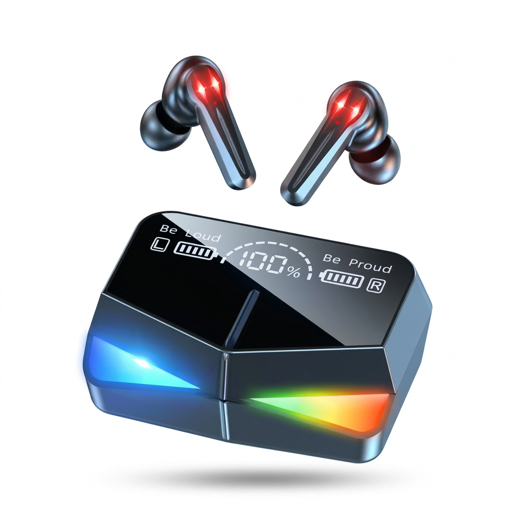 Tech Vault wireless gaming earbuds and LED charging case on a white background