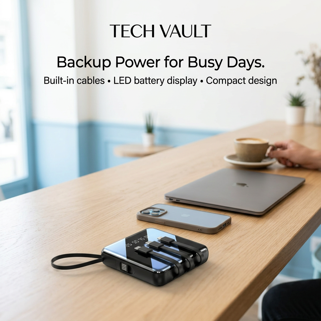 AI-created Tech Vault mini power bank café workday scene highlighting built-in cables, LED battery display and compact design
