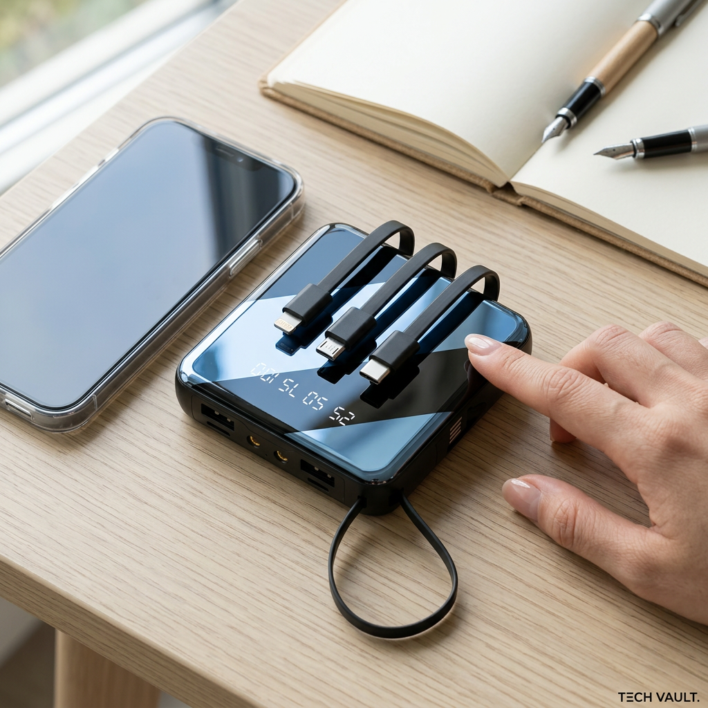 AI-created Tech Vault mini power bank lifestyle image on a bright desk beside a smartphone and notebook