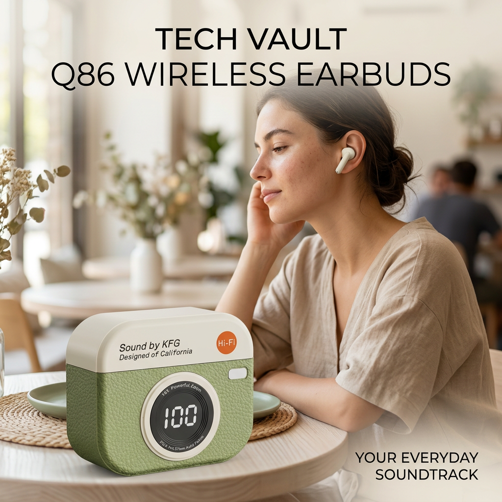 AI-generated lifestyle scene showing a person wearing TECH VAULT Q86 earbuds in a cafe with the charging case on the table