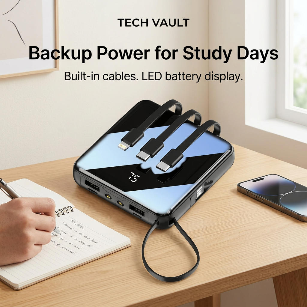 AI-created Tech Vault mini power bank study-day scene highlighting built-in cables and LED battery display