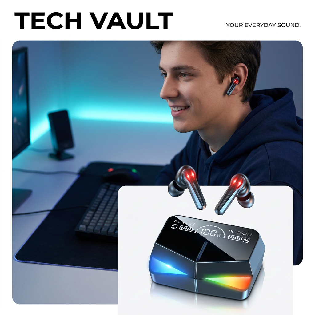 Tech Vault wireless earbuds gaming lifestyle illustration