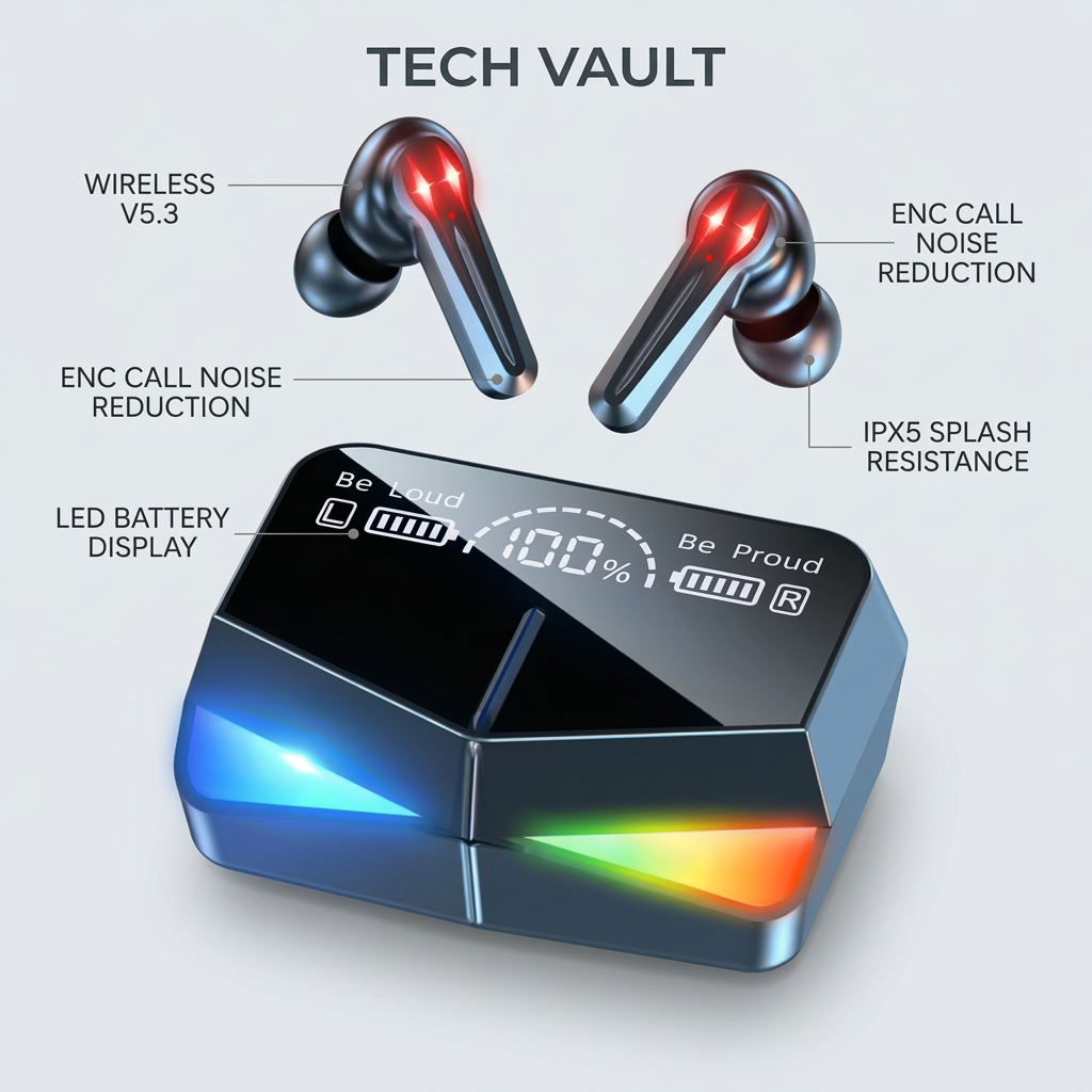 Tech Vault earbuds feature graphic highlighting wireless V5.3, ENC, LED display and IPX5 splash resistance