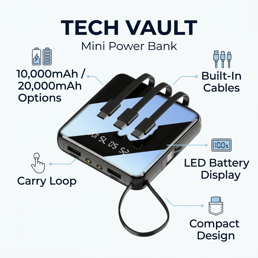 Tech Vault mini power bank features: 10000mAh and 20000mAh options, built-in cables, LED battery display, compact design and carry loop