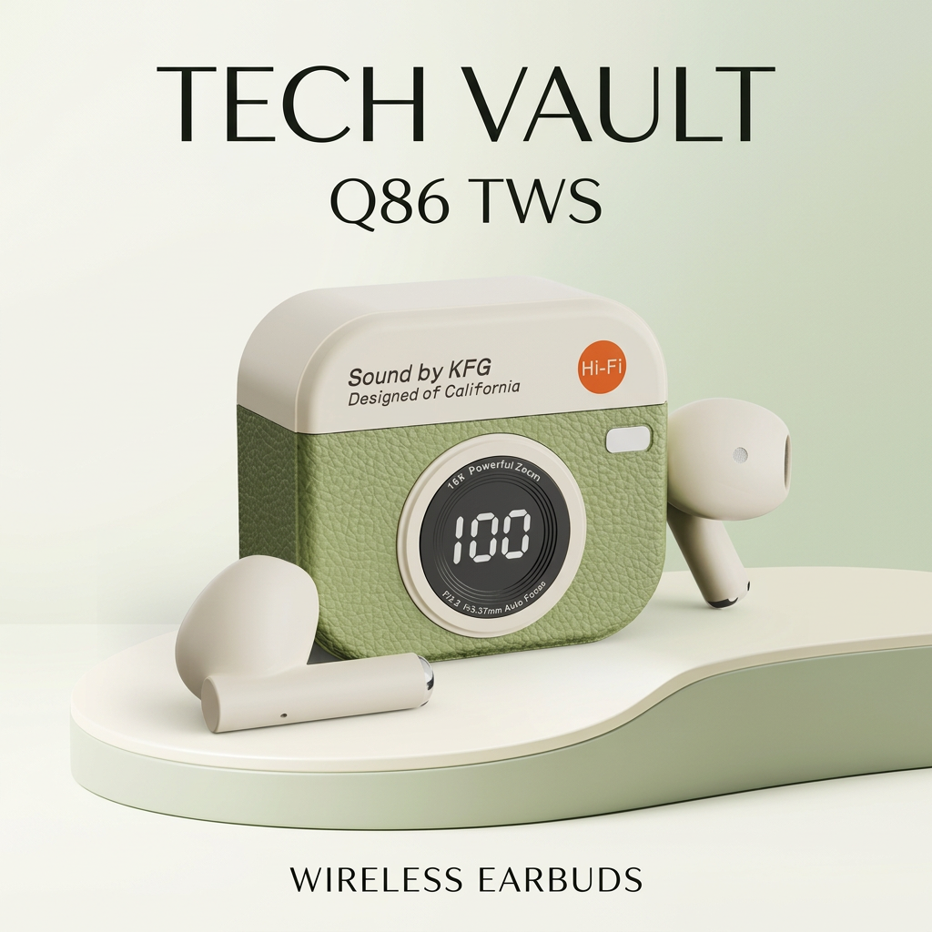 TECH VAULT Q86 wireless earbuds promotional image in a light ivory and sage studio setting