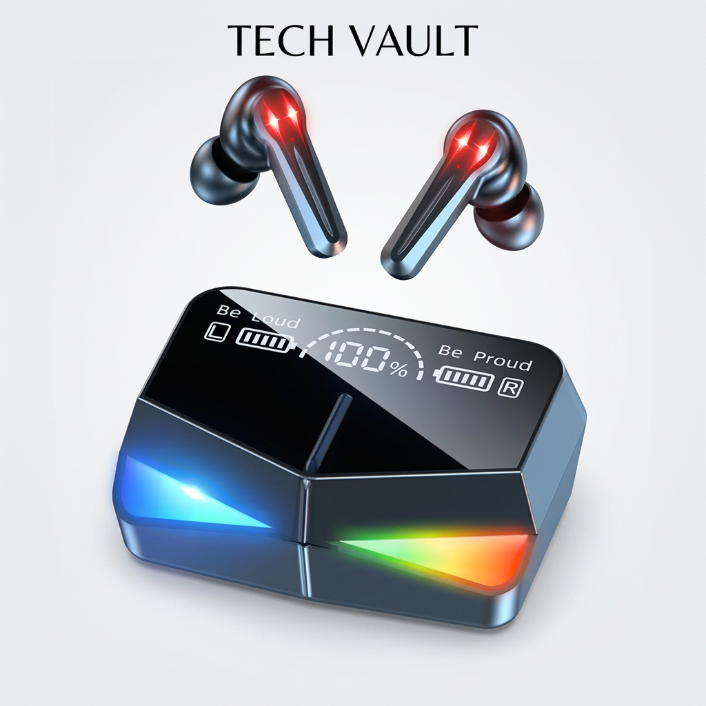 Tech Vault branded close-up composition of wireless gaming earbuds and LED charging case