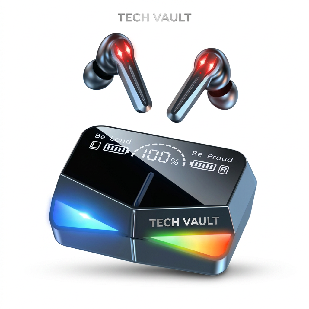 Tech Vault branded earbuds studio image