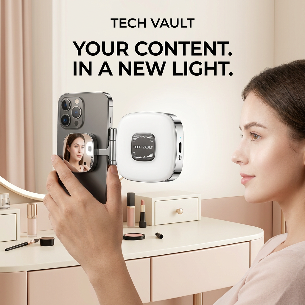 Tech Vault fill light used while recording a beauty tutorial