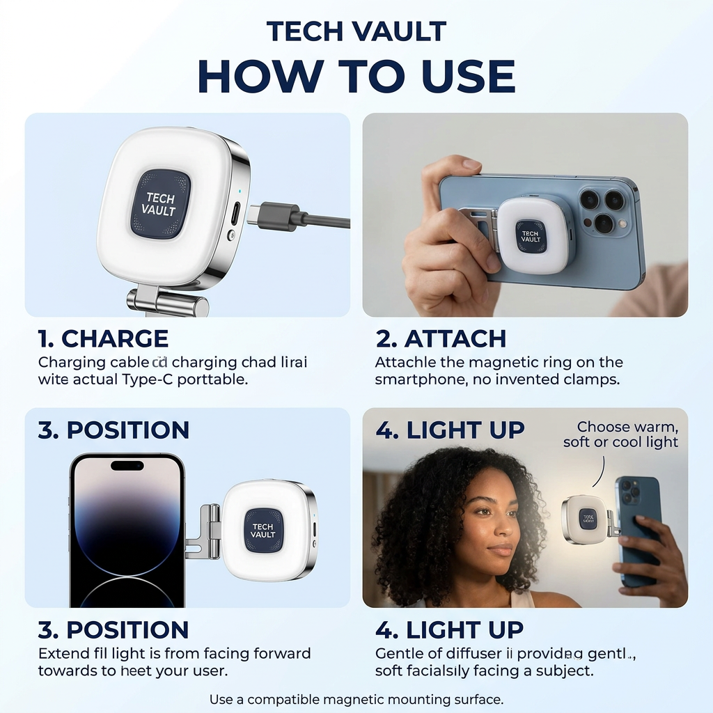 Tech Vault LED fill light four-step how-to-use guide